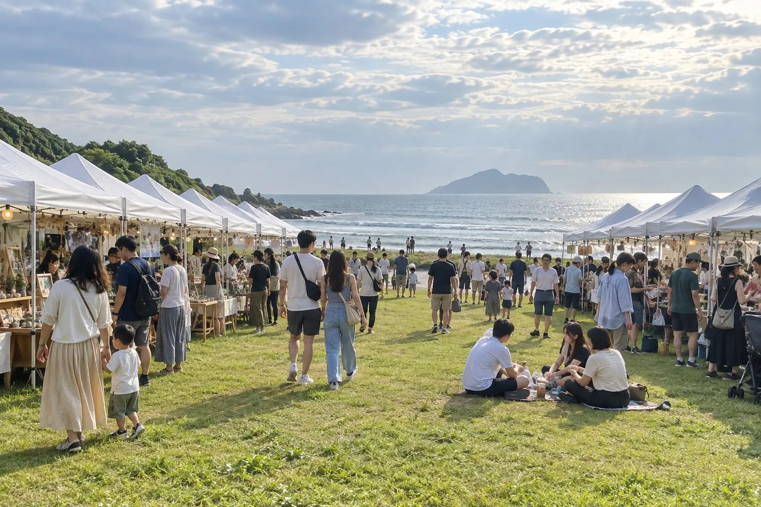 草地上兩排白色帳篷一路排到海邊，人們在中間的步道逛，遠方海上有龜山島。